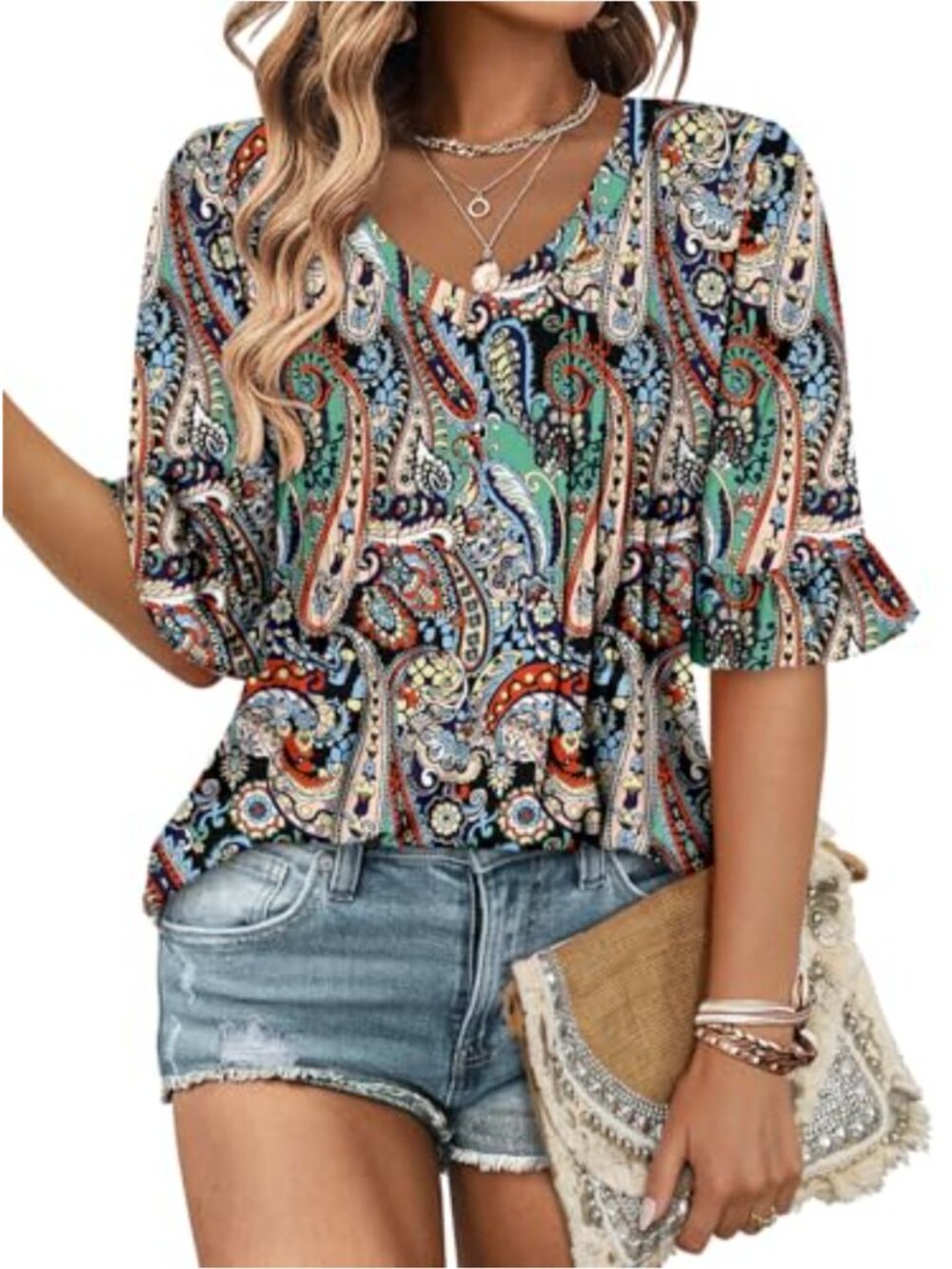 Women's V Neck 3/4 Ruffle Sleeve Tunic Top Casual Loose Fit Blouse